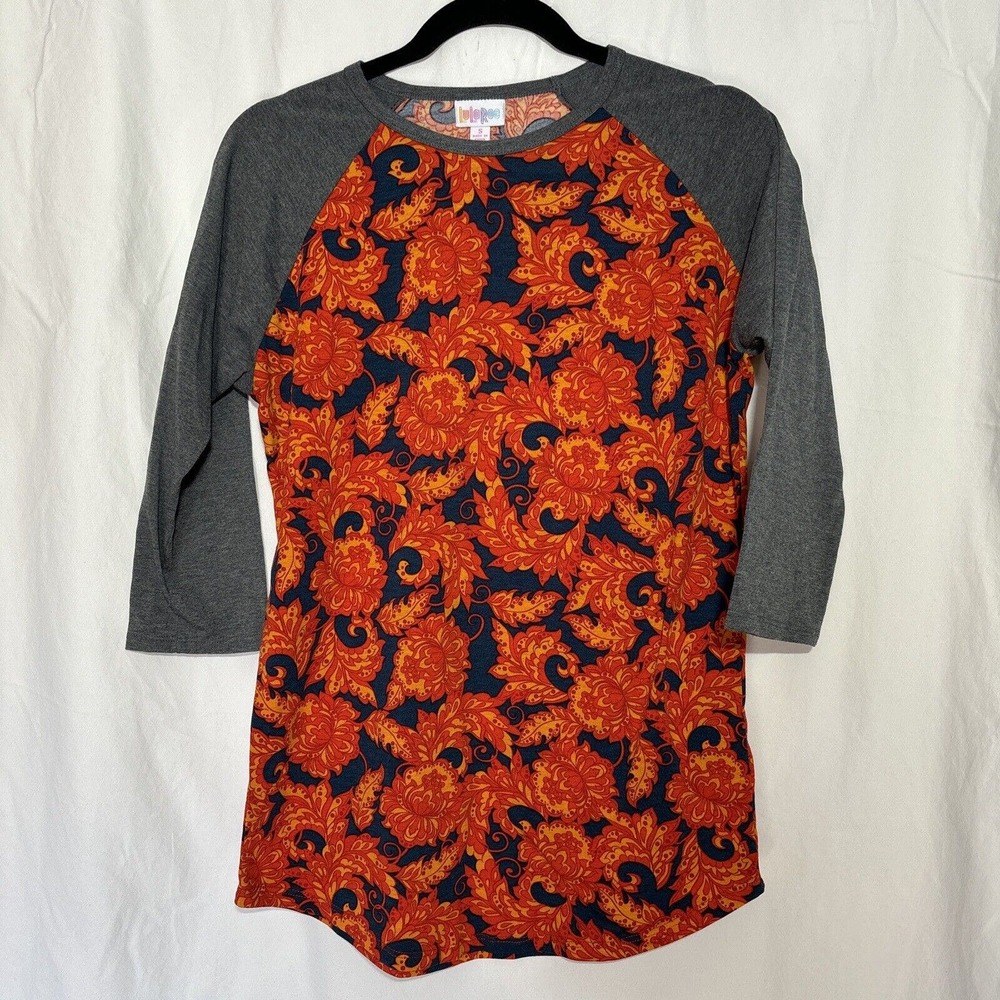 LULAROE Women's Grey‎ Orange Navy Baseball Randy T-Shirt Top Size Small D17